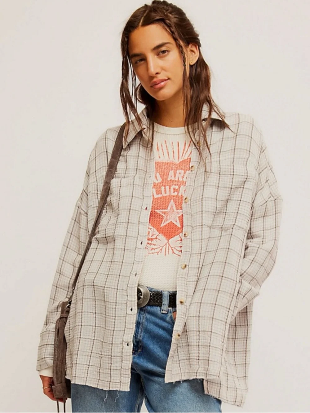 Free People Oversized Bohemian Grunge 90s Fall Cardiff Plaid Top Shirt Large - Picture 3 of 10